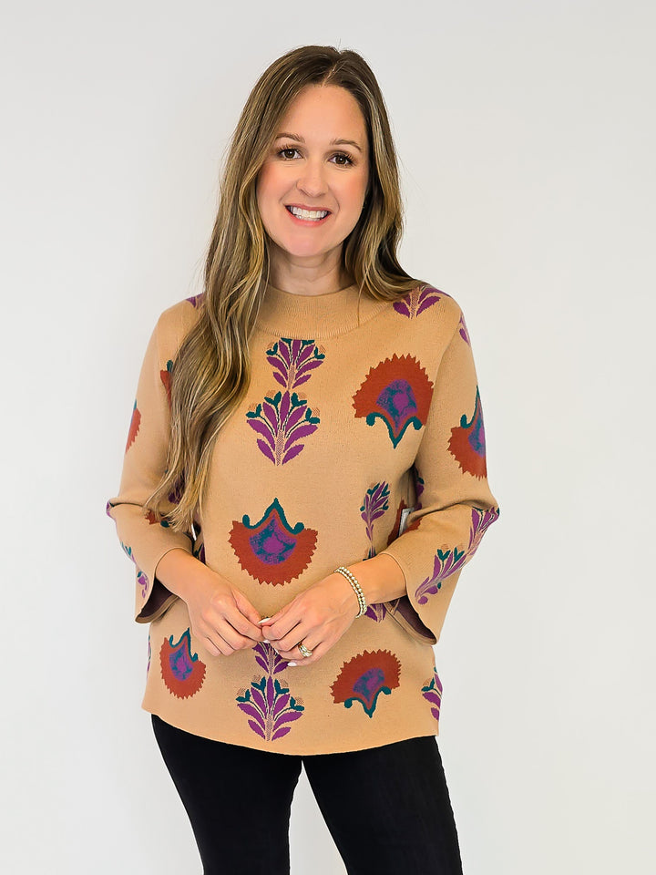 FLORAL KNIT SWEATER TOP - LATTE