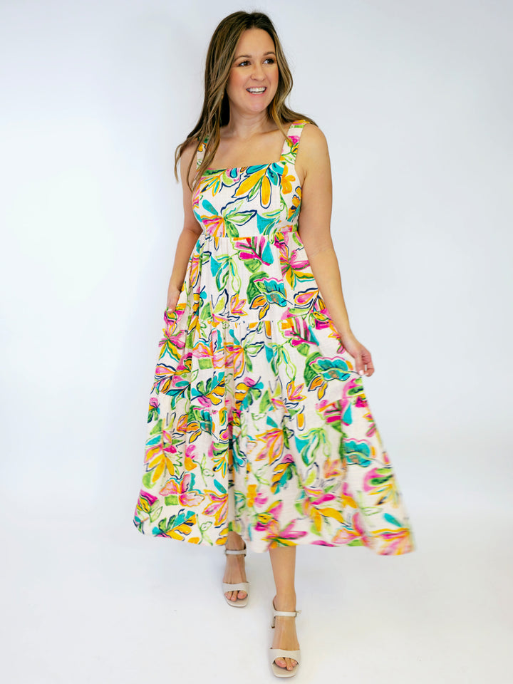 PRINTED COTTON RAYON SLUB MAXI DRESS - CREAM