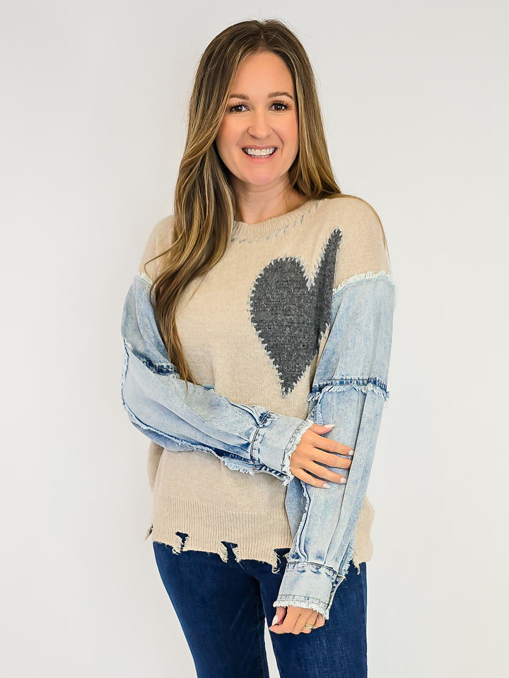 HEART PATCH FRONT KNITTED SWEATER - OATMEAL