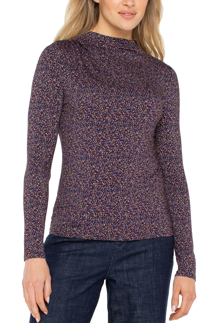 LONG SLEEVE MOCK NECK KNIT TOP W/SHIRRING - WINE BERRY