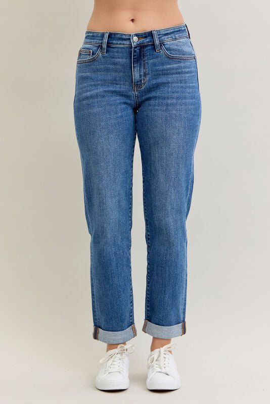 JUDY BLUE MID RISE BOYFRIEND CLASSIC CUFFED JEANS - MEDIUM WASH - 28" INSEAM