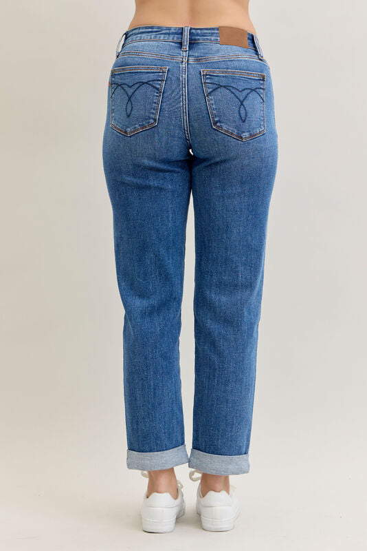 JUDY BLUE MID RISE BOYFRIEND CLASSIC CUFFED JEANS - MEDIUM WASH - 28" INSEAM