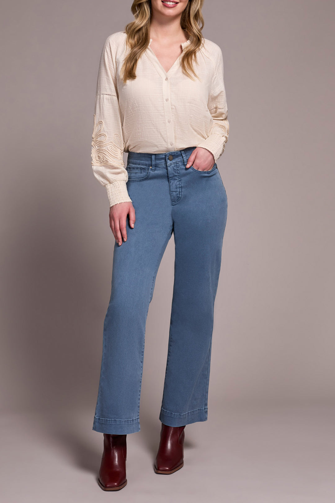 COMFORT STRETCH FLY FRONT WIDE LEG PANTS - SLATE BLUE