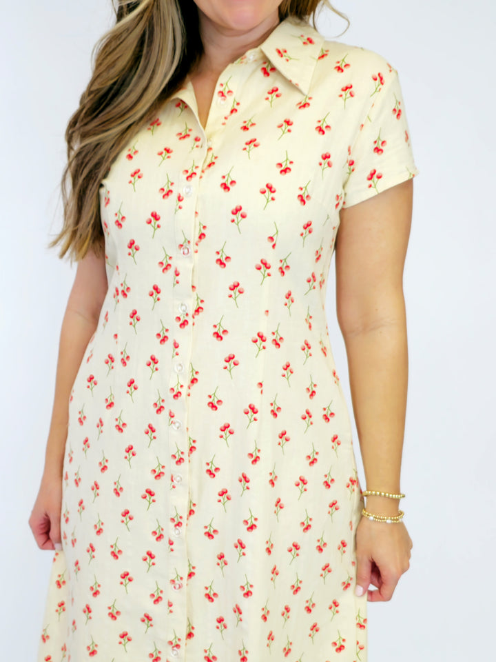 SWEET CHERRY COLLARED MIDI DRESS - CREAM