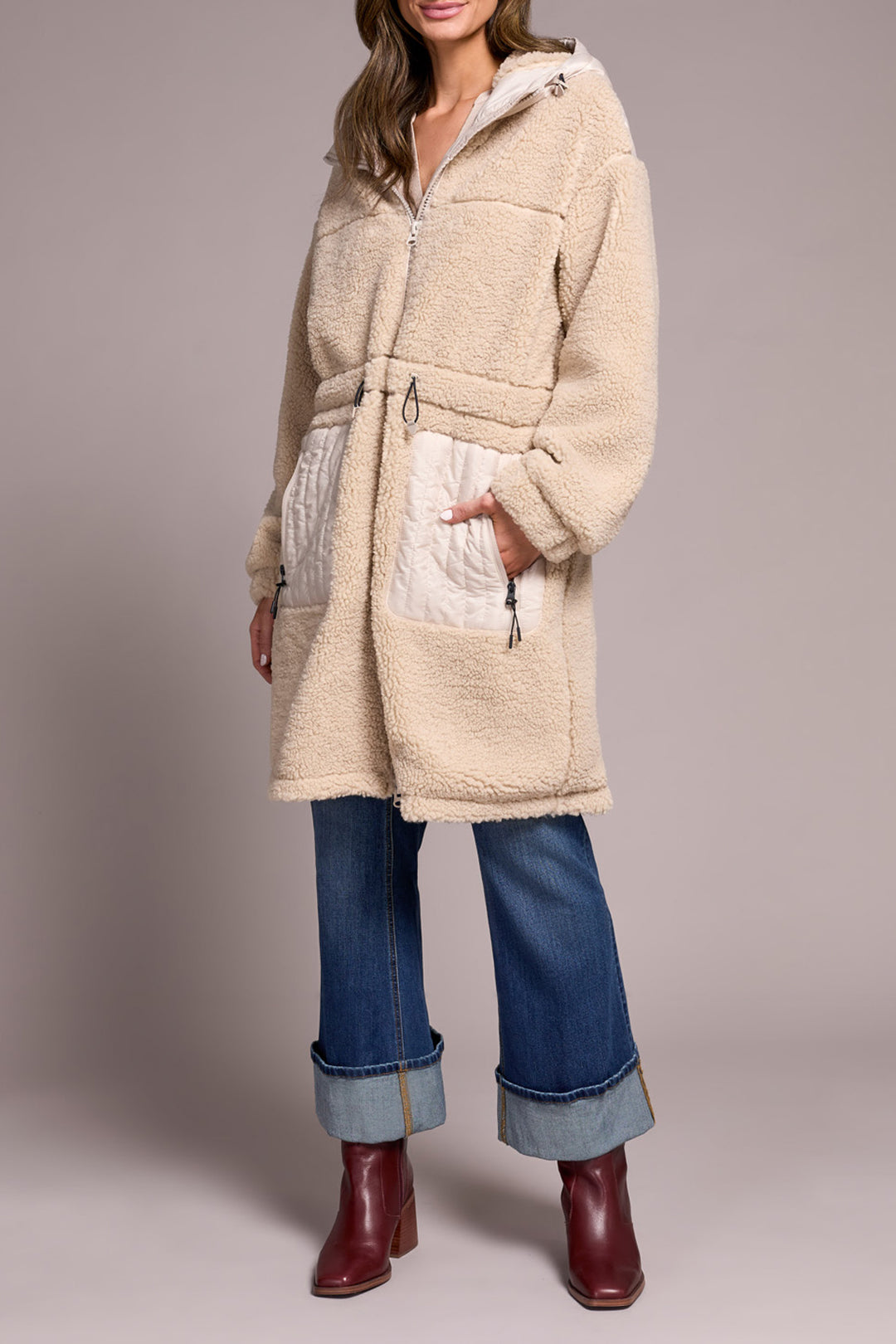 LONG SLEEVE ZIP FRONT COAT W/HOOD - SANDSTONE