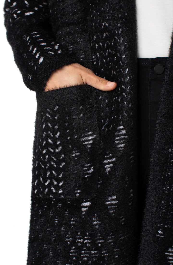 LONG SLEEVE COLLARLESS OPEN FRONT SWEATER COAT - BLACK/WHITE PATCHWORK