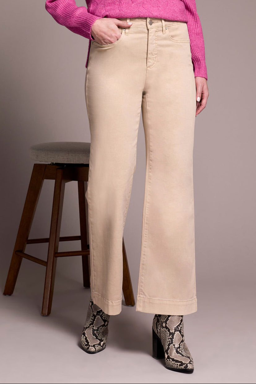COMFORT STRETCH FLY FRONT WIDE LEG PANTS - SANDSTONE