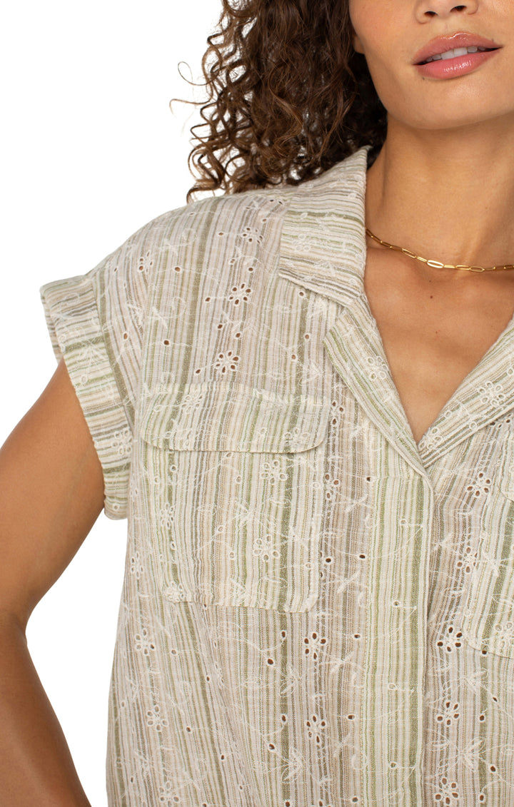 COLLARED DOLMAN CAMP SHIRT W/HIDDEN PLACKET - GREEN/TAN STRIPE