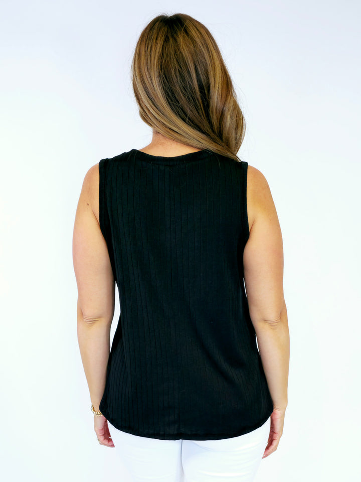 RIBBED V-NECK TANK TOP - BLACK