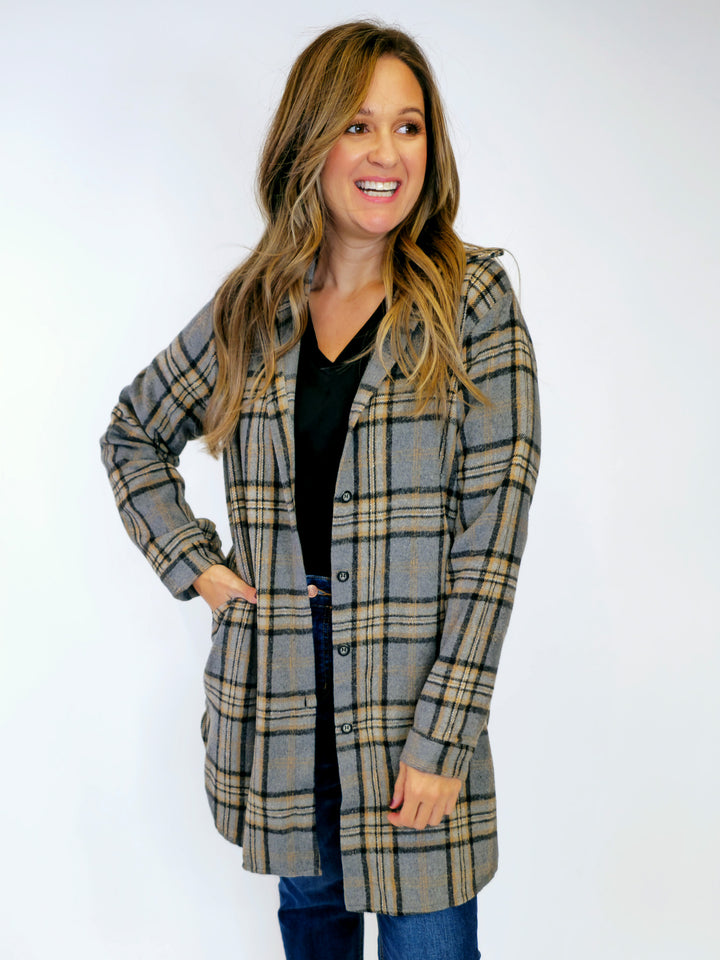 LONG SLEEVE DUSTER FLANNEL SHACKET  - GREY
