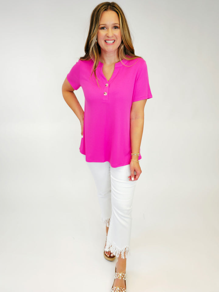 RIBBED SHORT SLEEVE BOYFRIEND TOP W/BUTTONS - HOT PINK