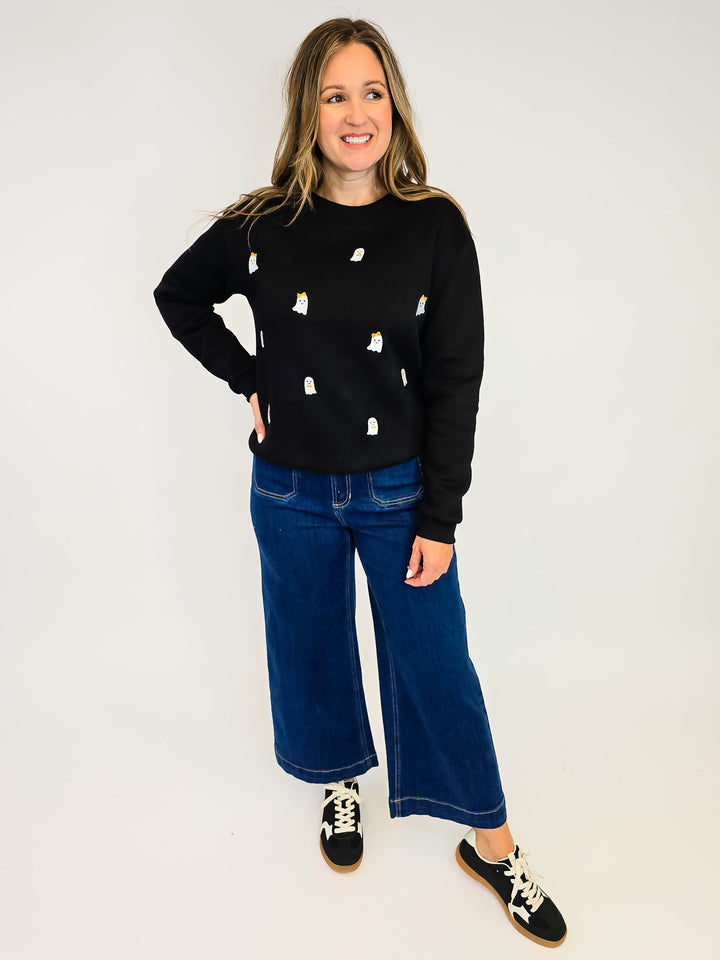 SIMPLY SOUTHERN CREW NECK GHOST PULLOVER - BLACK