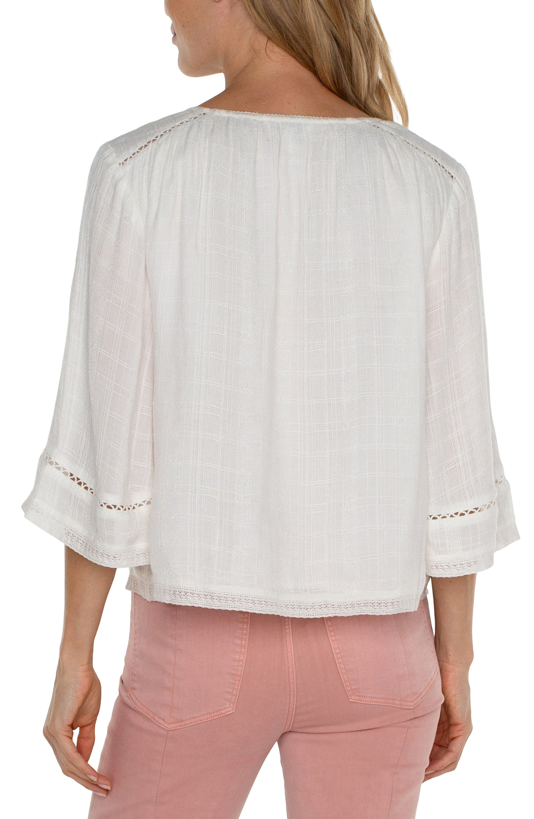 SHIRRED WOVEN TIE FRONT TOP W/TRIM - OFF WHITE