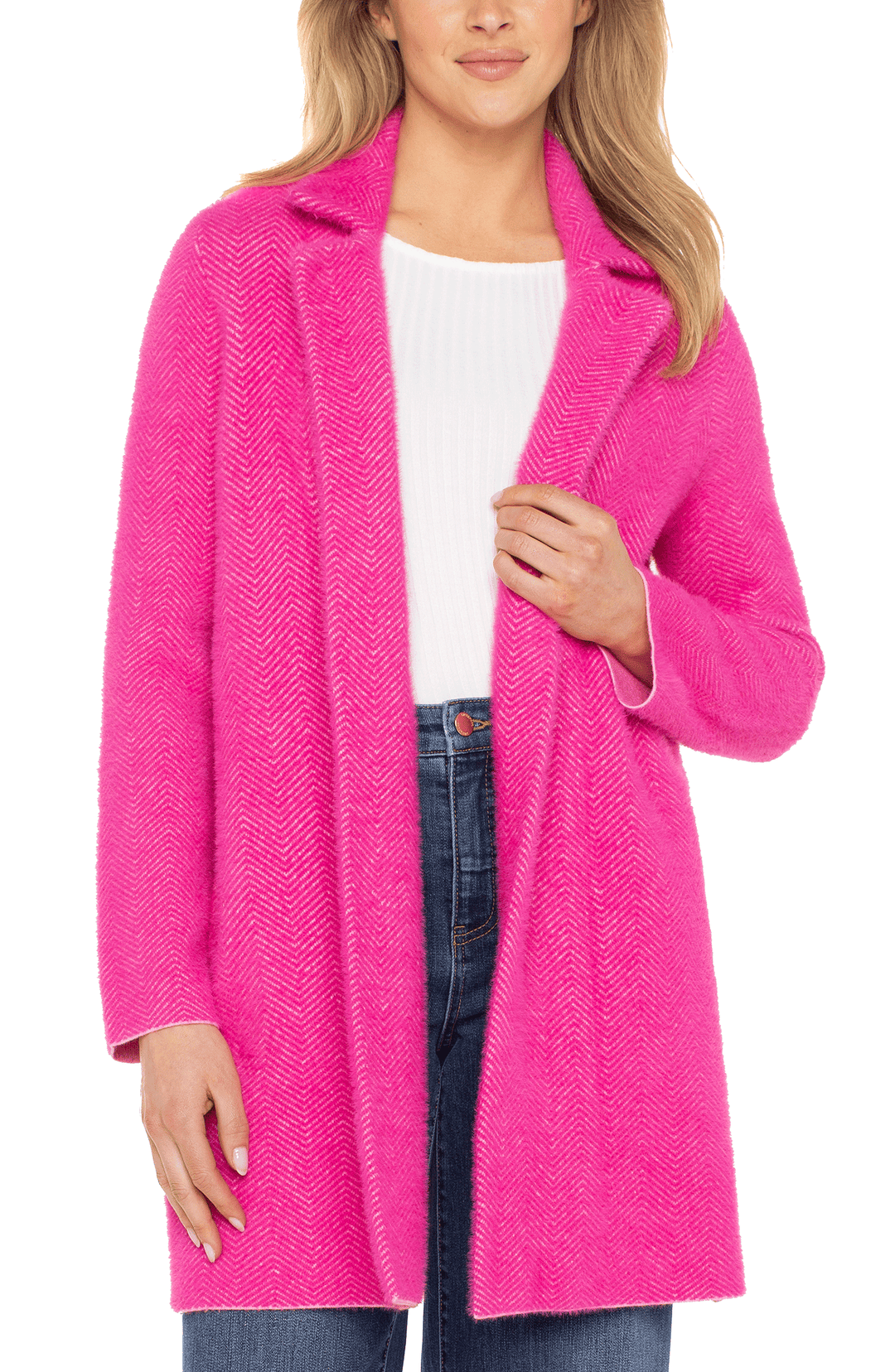 LONG SLEEVE OPEN FRONT SWEATER COAT - DEEP RASPBERRY PINK