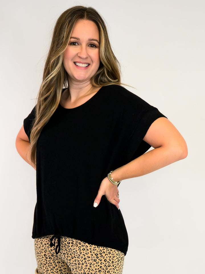 COTTON LINEN TOP W/ADJUSTABLE TIE HEM - BLACK