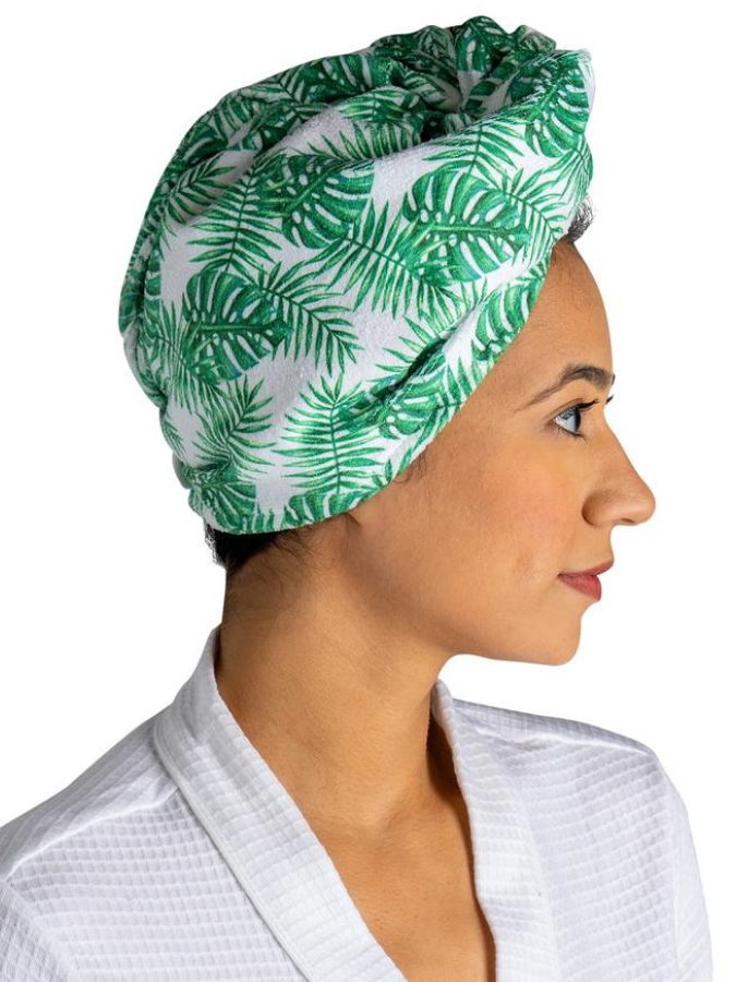TURBO HAIR TOWEL WITH BUTTON CLOSURE - PALM PRINT