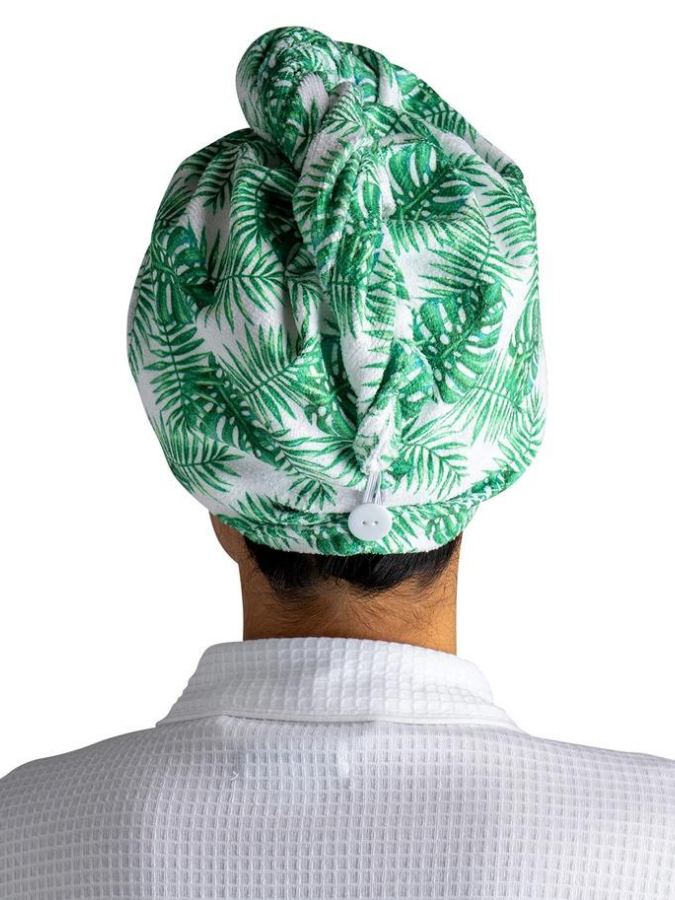 TURBO HAIR TOWEL WITH BUTTON CLOSURE - LEOPARD