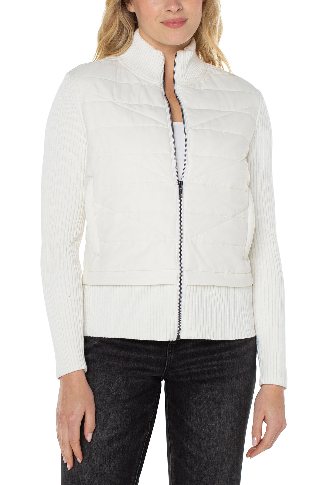 LONG SLEEVE QUILTED FRONT FULL ZIP SWEATER - PORCELAIN