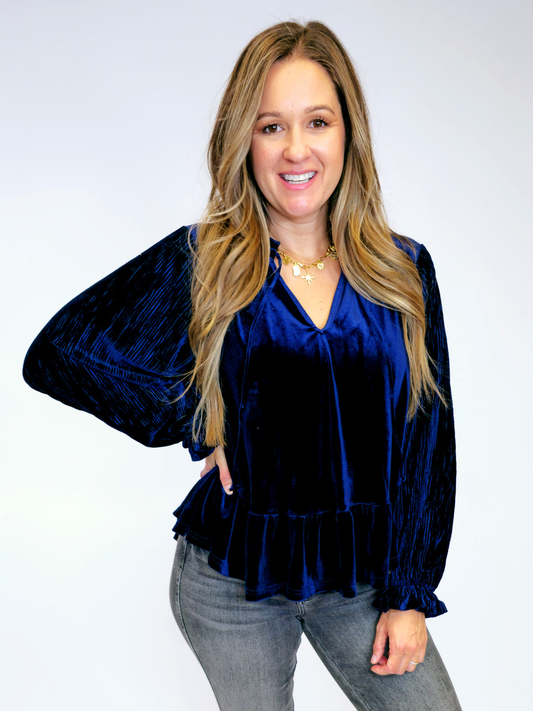 VELVET RIBBED SLEEVE V-NECK TIE TOP - NAVY