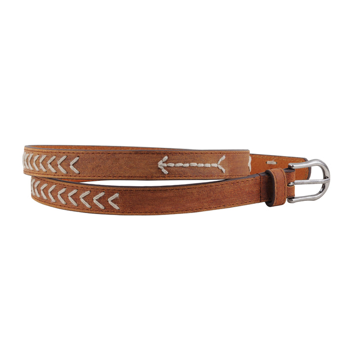 WESTERN STITCHED SKINNY LEATHER BELT - TAN