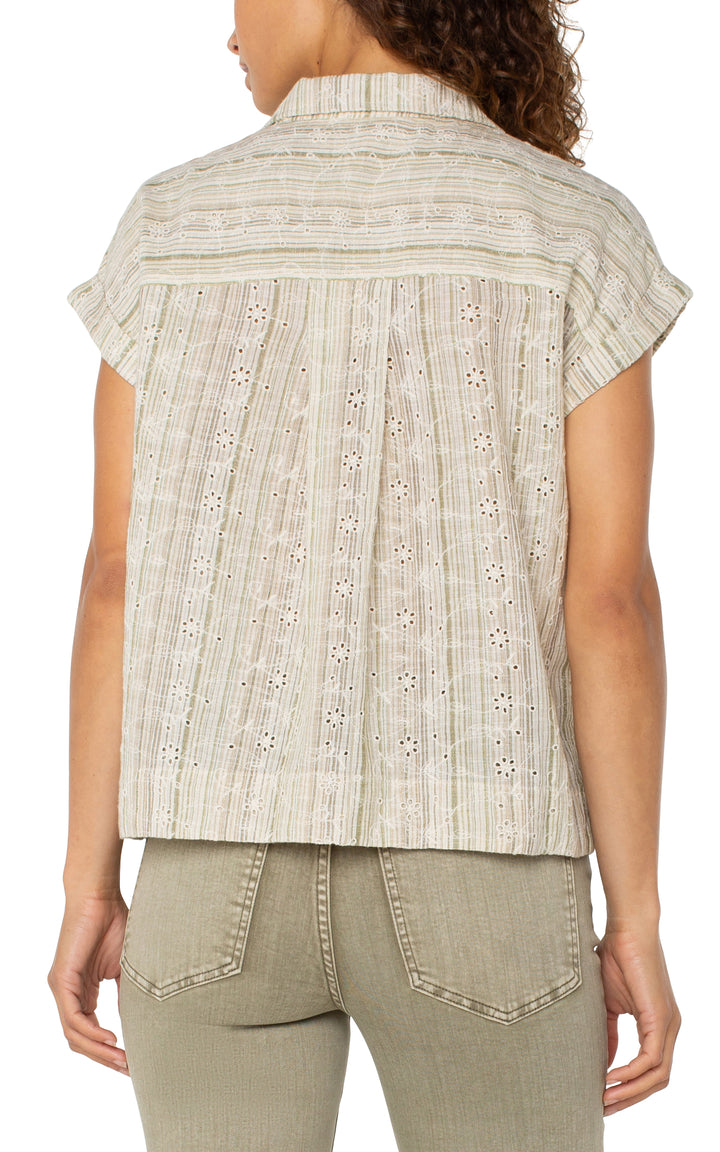COLLARED DOLMAN CAMP SHIRT W/HIDDEN PLACKET - GREEN/TAN STRIPE