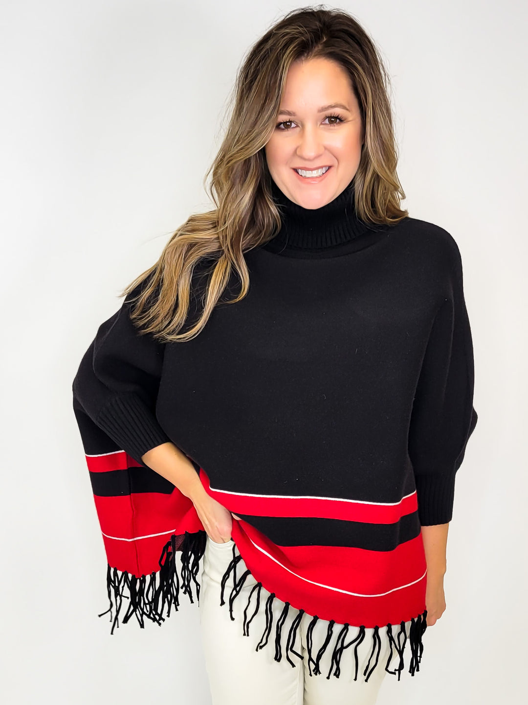 Poncho Cowl Neck Top - Red Black Striped