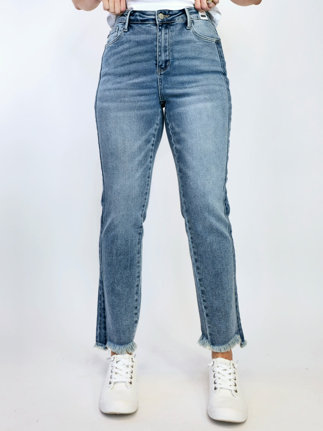JUDY BLUE HW SIDE PANEL DETAIL & HI/LOW FRAY HEM JEANS - VINTAGE - 28" INSEAM