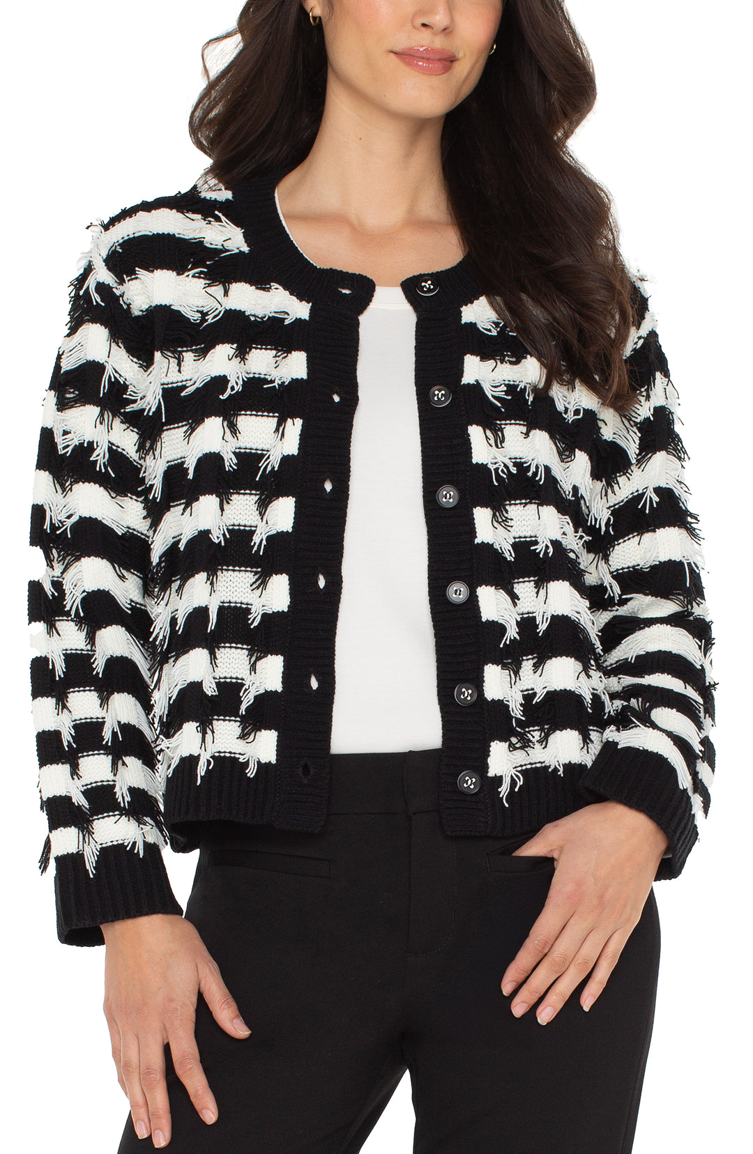LONG SLEEVE STRIPED CARIDGAN SWEATER - BLACK/WHITE