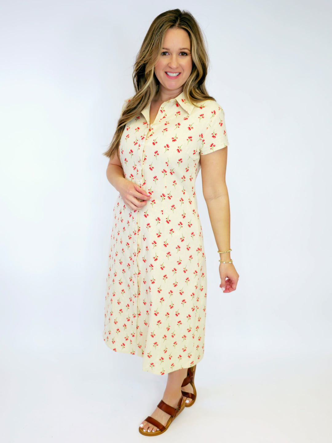 SWEET CHERRY COLLARED MIDI DRESS - CREAM