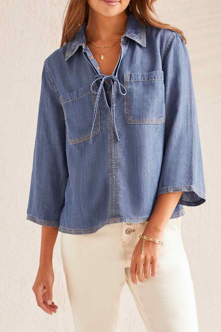 ELBOW SLEEVE POP OVER BLOUSE W/LACE UP - CHAMBRAY