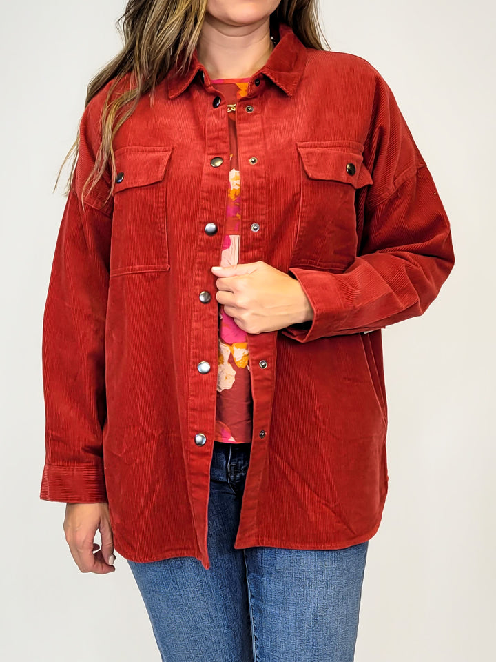 CORDED SNAP BUTTON SHACKET - BRICK RED