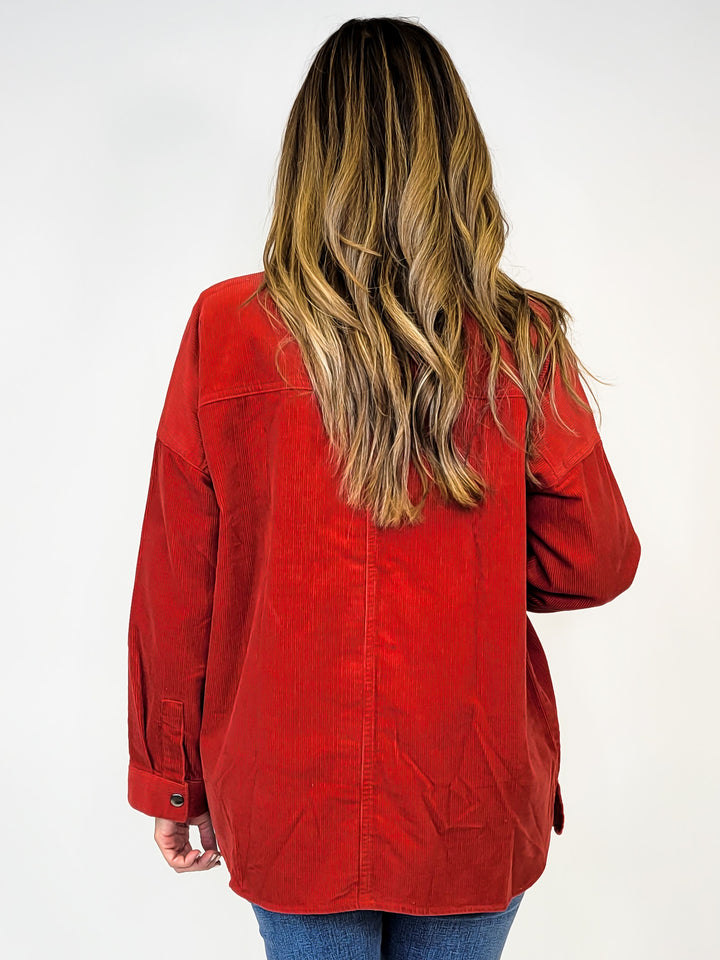 CORDED SNAP BUTTON SHACKET - BRICK RED