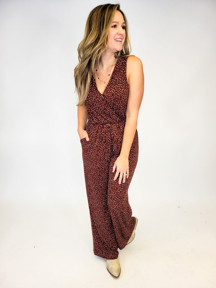 DOT PRINT SLEEVELESS LINED JUMPSUIT - BROWN