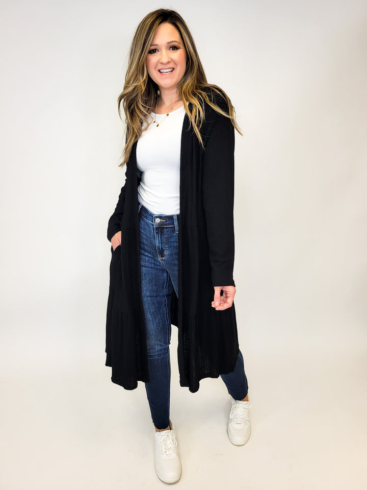 CABLE KNIT LONG DUSTER CARDIGAN - BLACK