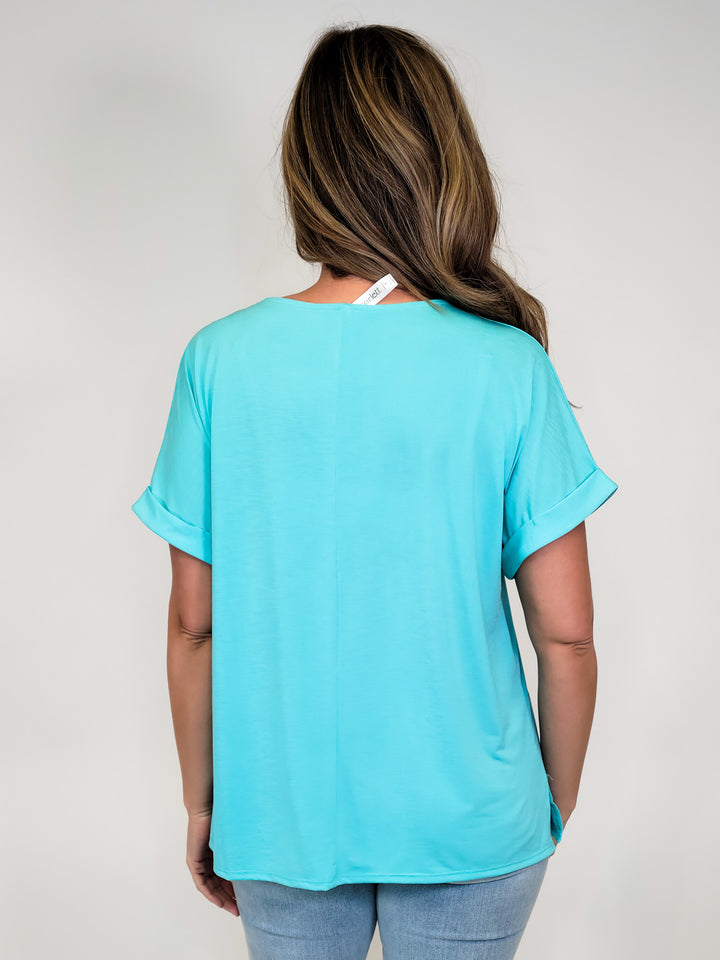 SOLID STRETCHY CAP SLEEVE DOLMAN TOP - NEON BLUE