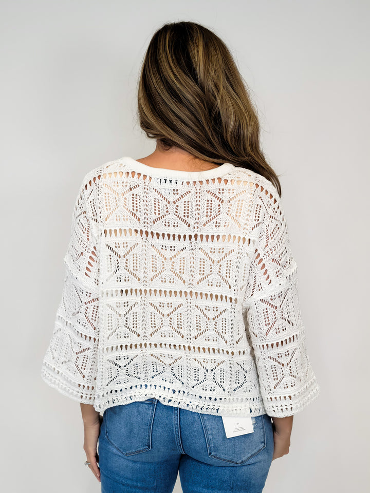CROCHET SQUARE CROPPED SWEATER - WHITE