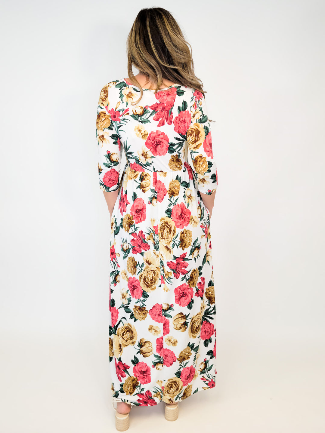 YVON FLORAL MAXI DRESS WITH 3/4 SLEEVES - IVORY/ROSE