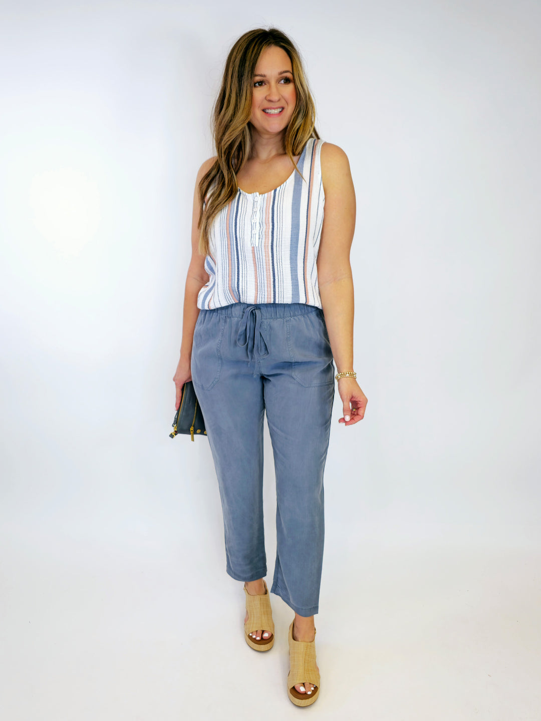 STRIPED COTTON GAUZE HENLEY TANK - DENIM