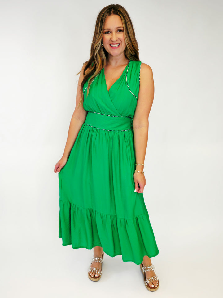 SOLID V-NECK WRAP MIDI DRESS W/TRIM DETAIL - KELLY GREEN
