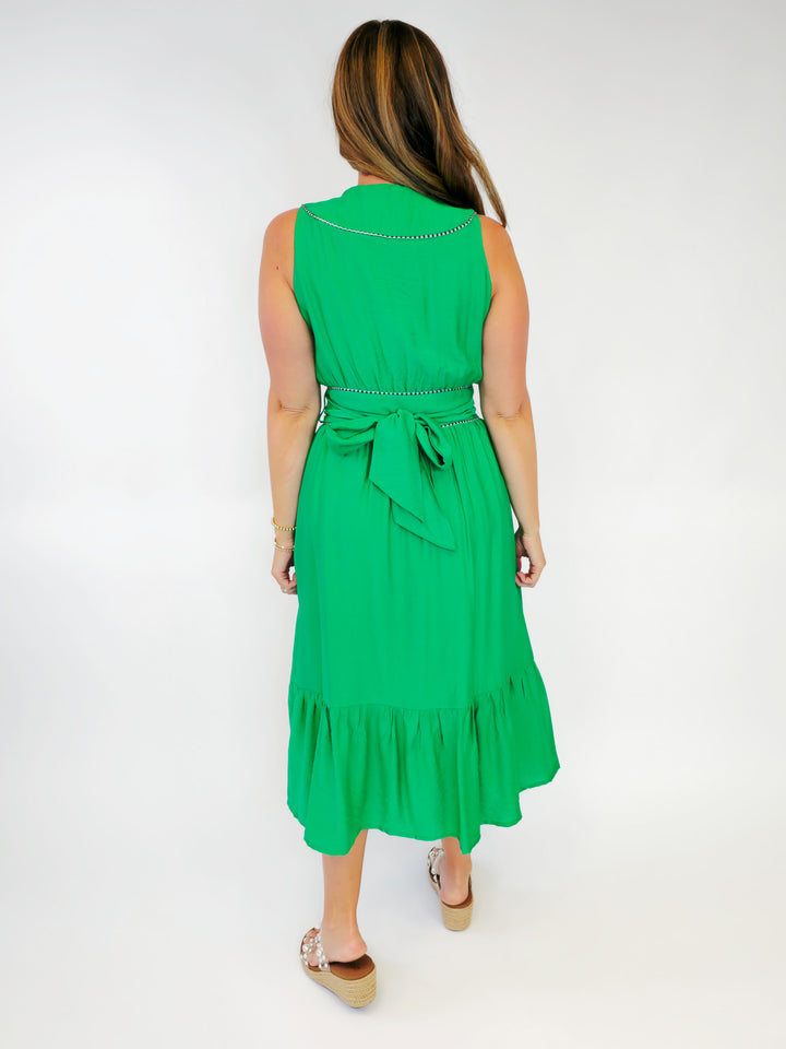 SOLID V-NECK WRAP MIDI DRESS W/TRIM DETAIL - KELLY GREEN