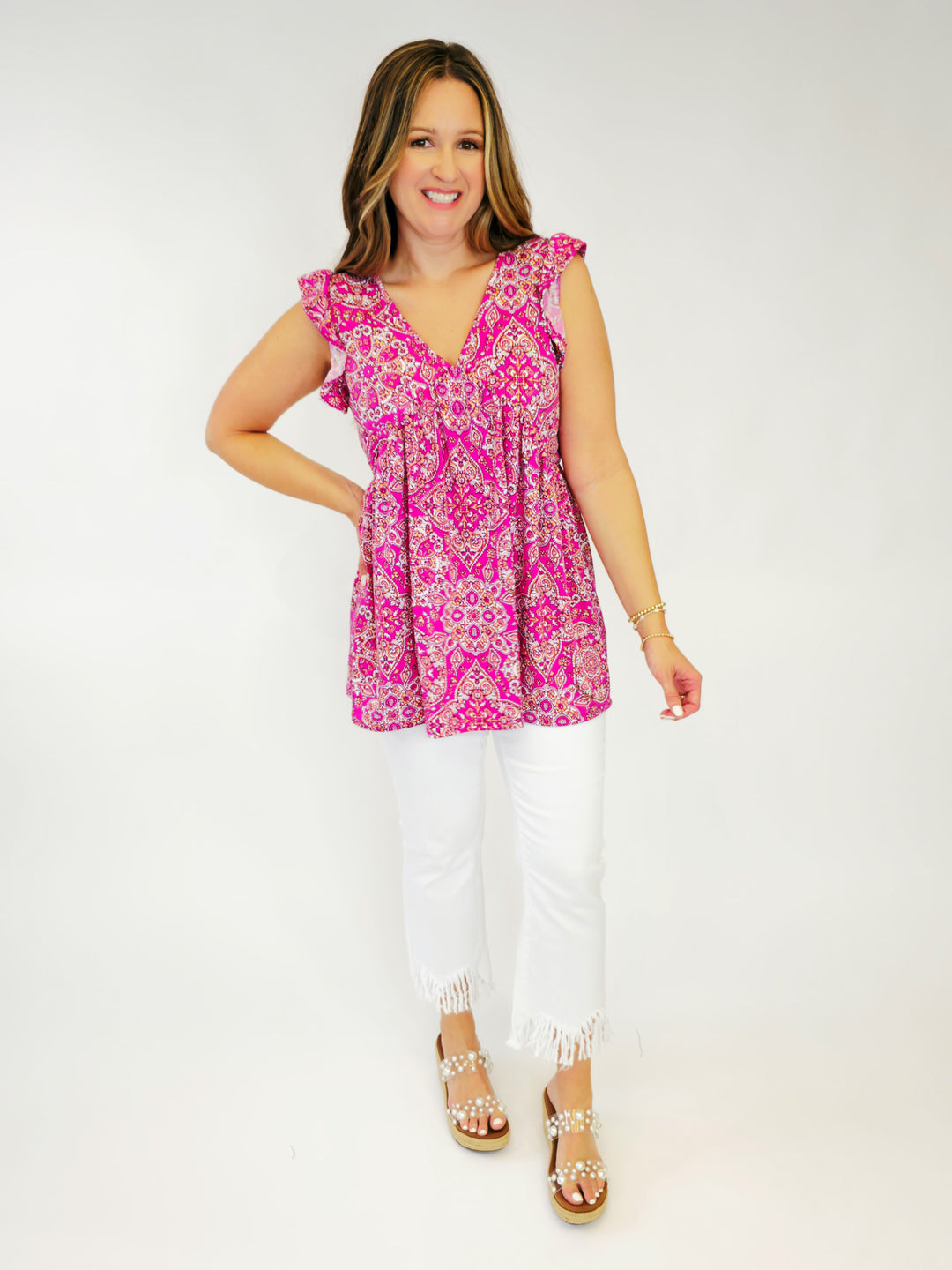 BUTTERFLY SLEEVE PAISLEY BABYDOLL TOP - FUCHSIA