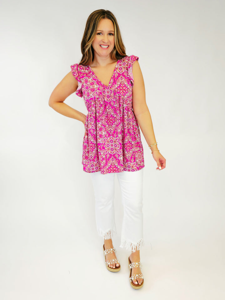 BUTTERFLY SLEEVE PAISLEY BABYDOLL TOP - FUCHSIA