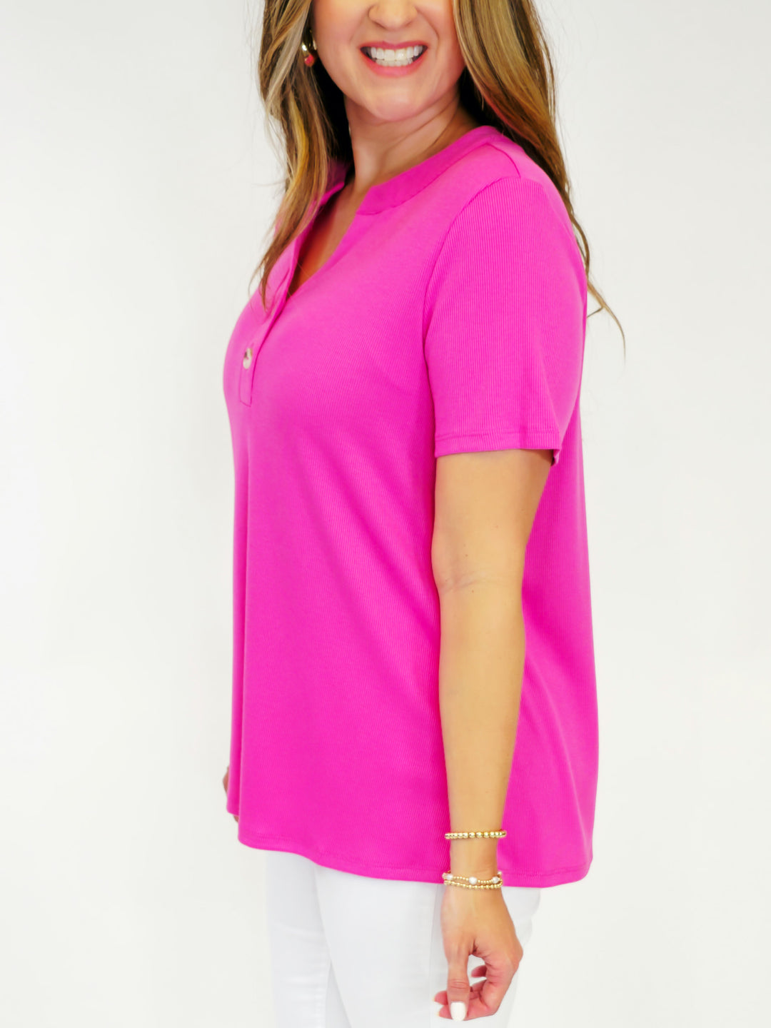RIBBED SHORT SLEEVE BOYFRIEND TOP W/BUTTONS - HOT PINK