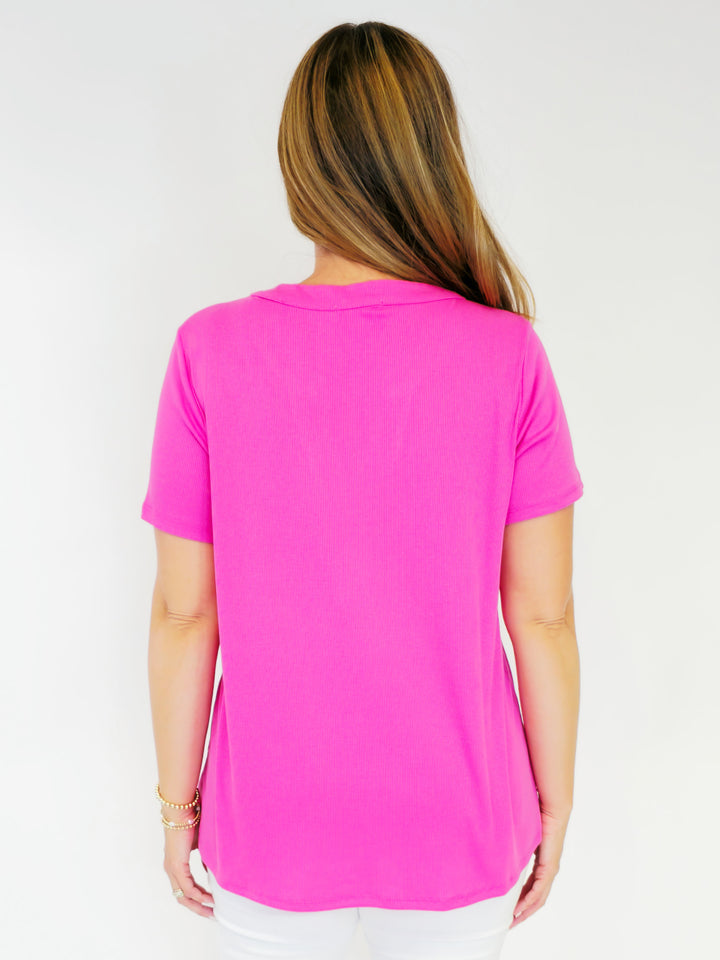 RIBBED SHORT SLEEVE BOYFRIEND TOP W/BUTTONS - HOT PINK