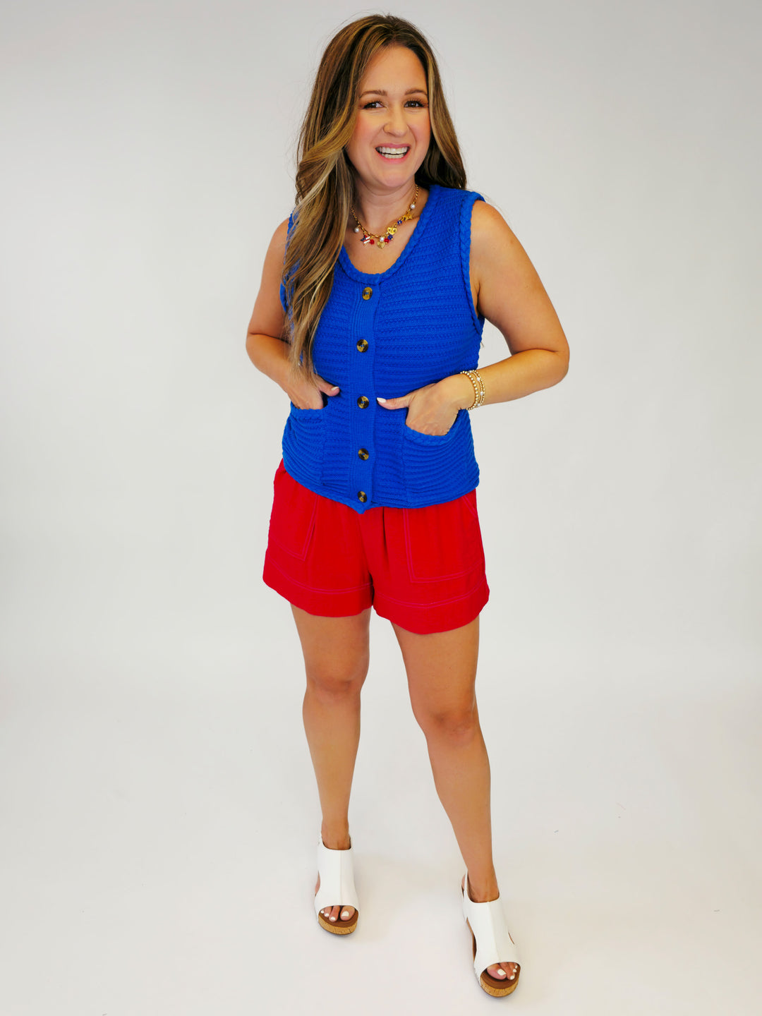 BUTTON UP SWEATER TANK - BLUE