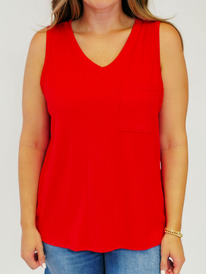 RIBBED V-NECK TANK TOP - RED
