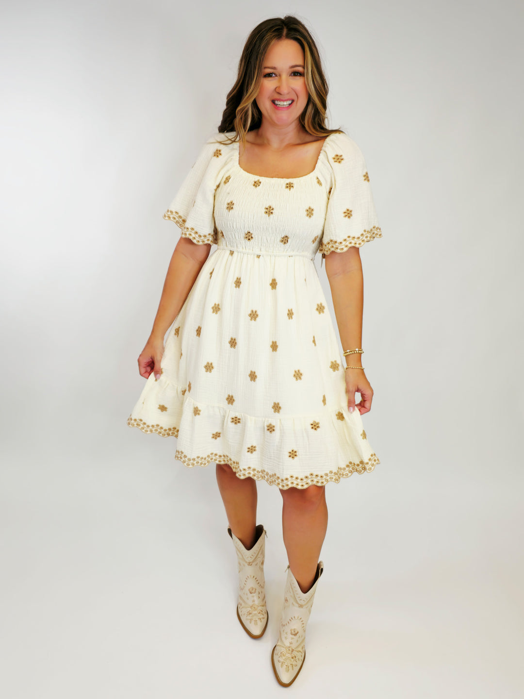 EMBROIDERED COTTON GAUZE SHORT DRESS - IVORY