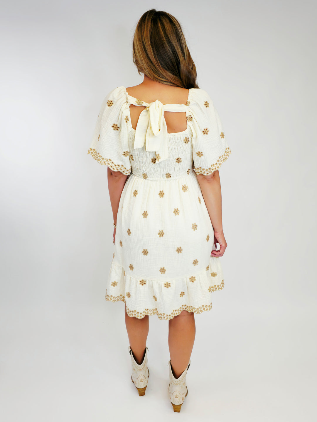 EMBROIDERED COTTON GAUZE SHORT DRESS - IVORY
