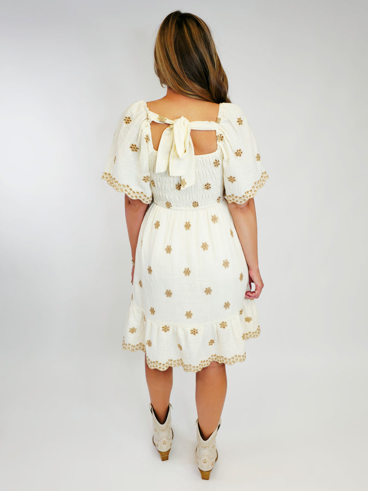 EMBROIDERED COTTON GAUZE SHORT DRESS - IVORY
