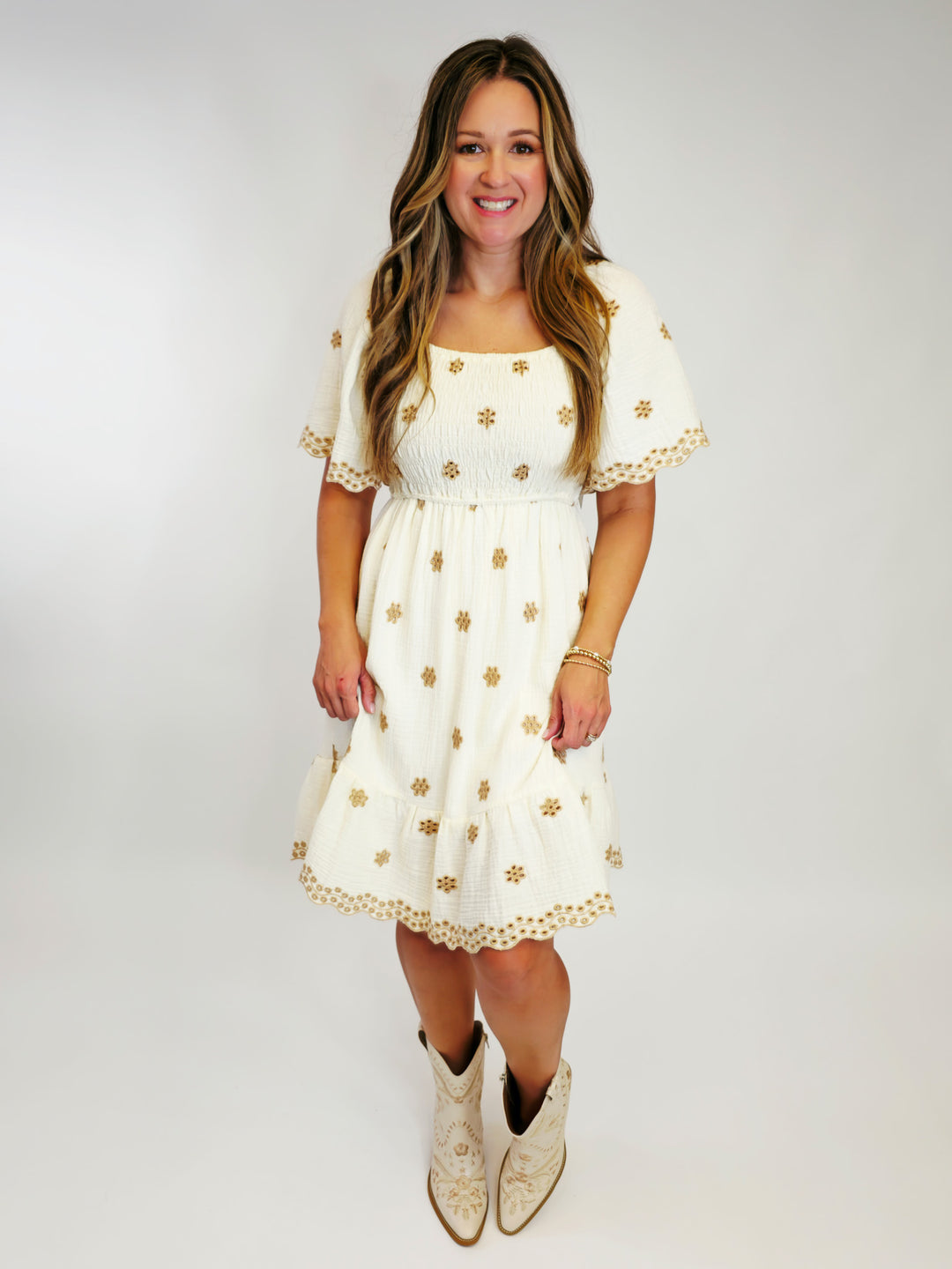 EMBROIDERED COTTON GAUZE SHORT DRESS - IVORY